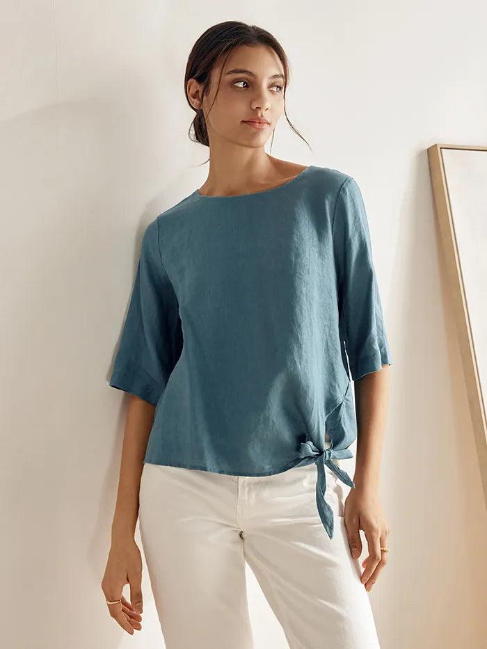 トップス alma ribbon tops Blue Linen Side-Tie Top | Women's Boxy Shirt with Button