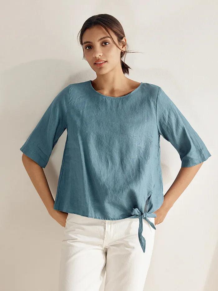 トップス docking hem tops Blue Linen Side-Tie Top | Women's Boxy Shirt with Button