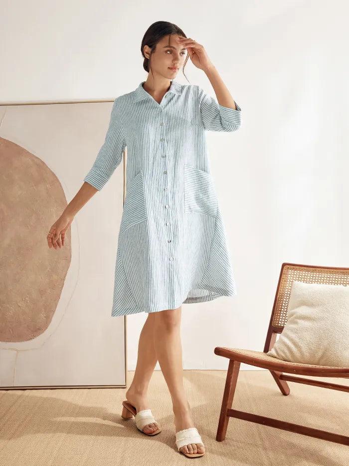 MADISON 100% Linen Striped Shirt Dress - DRESSES-Linen Midi