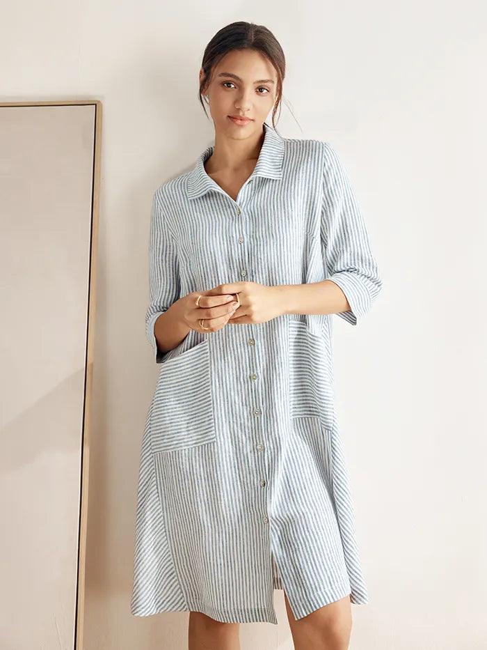 MADISON 100% Linen Striped Shirt Dress - DRESSES-Linen Midi