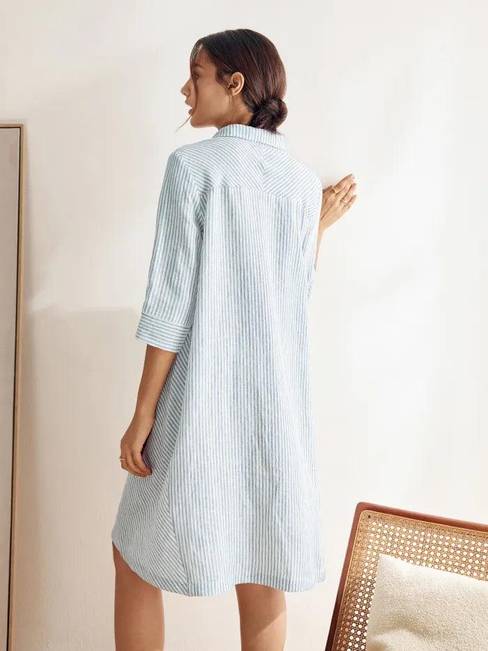 MADISON 100% Linen Striped Shirt Dress - DRESSES-Linen Midi
