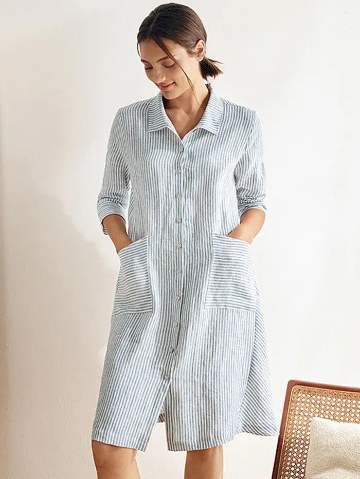 MADISON 100% Linen Striped Shirt Dress - DRESSES-Linen Midi