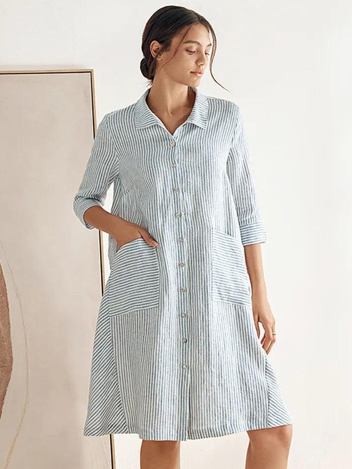 MADISON 100% Linen Striped Shirt Dress - Blue Stripe / S - DRESSES-Linen Midi