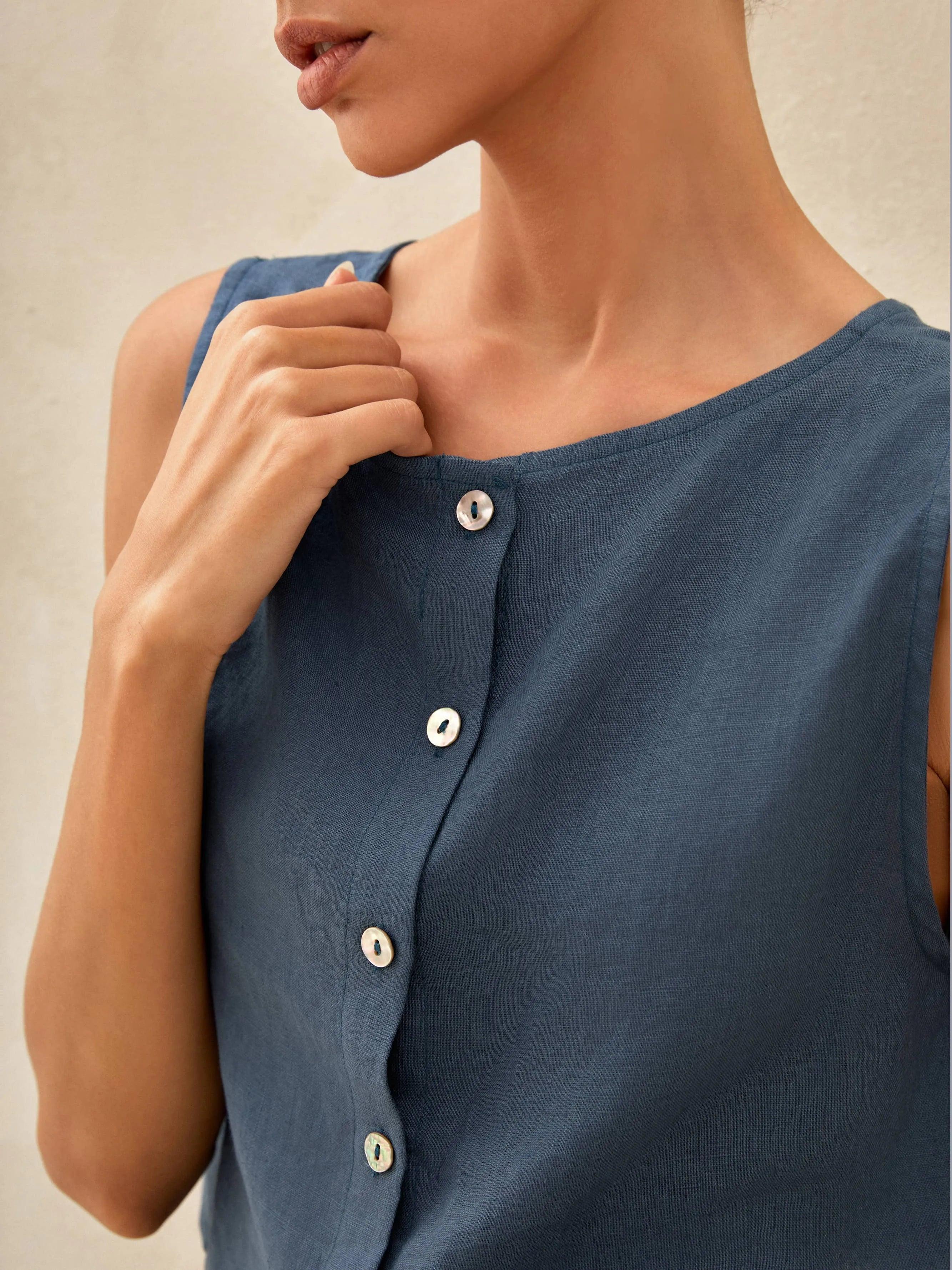 100% Linen Button Decorate Vest Naxi Skirts Set LUCIA - SETS-Linen Sets