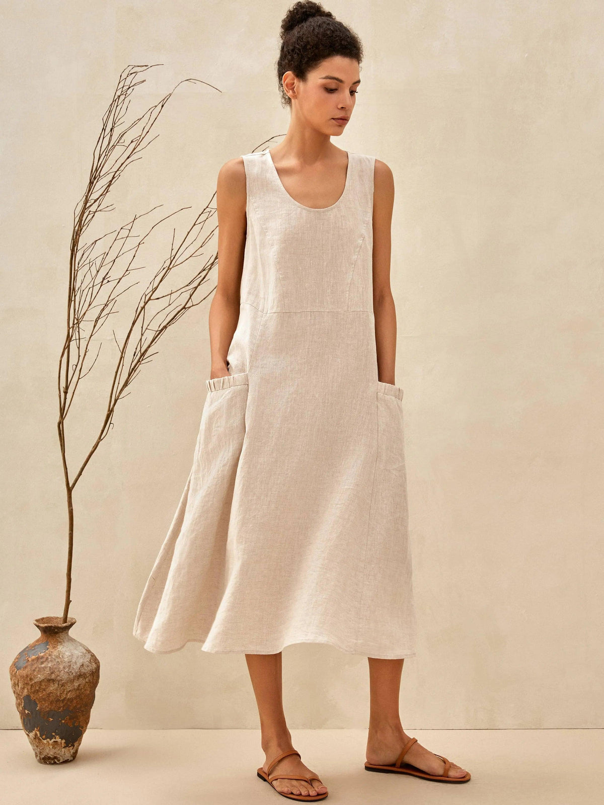 GIANA natural melange linen swing tank dress styled outdoors