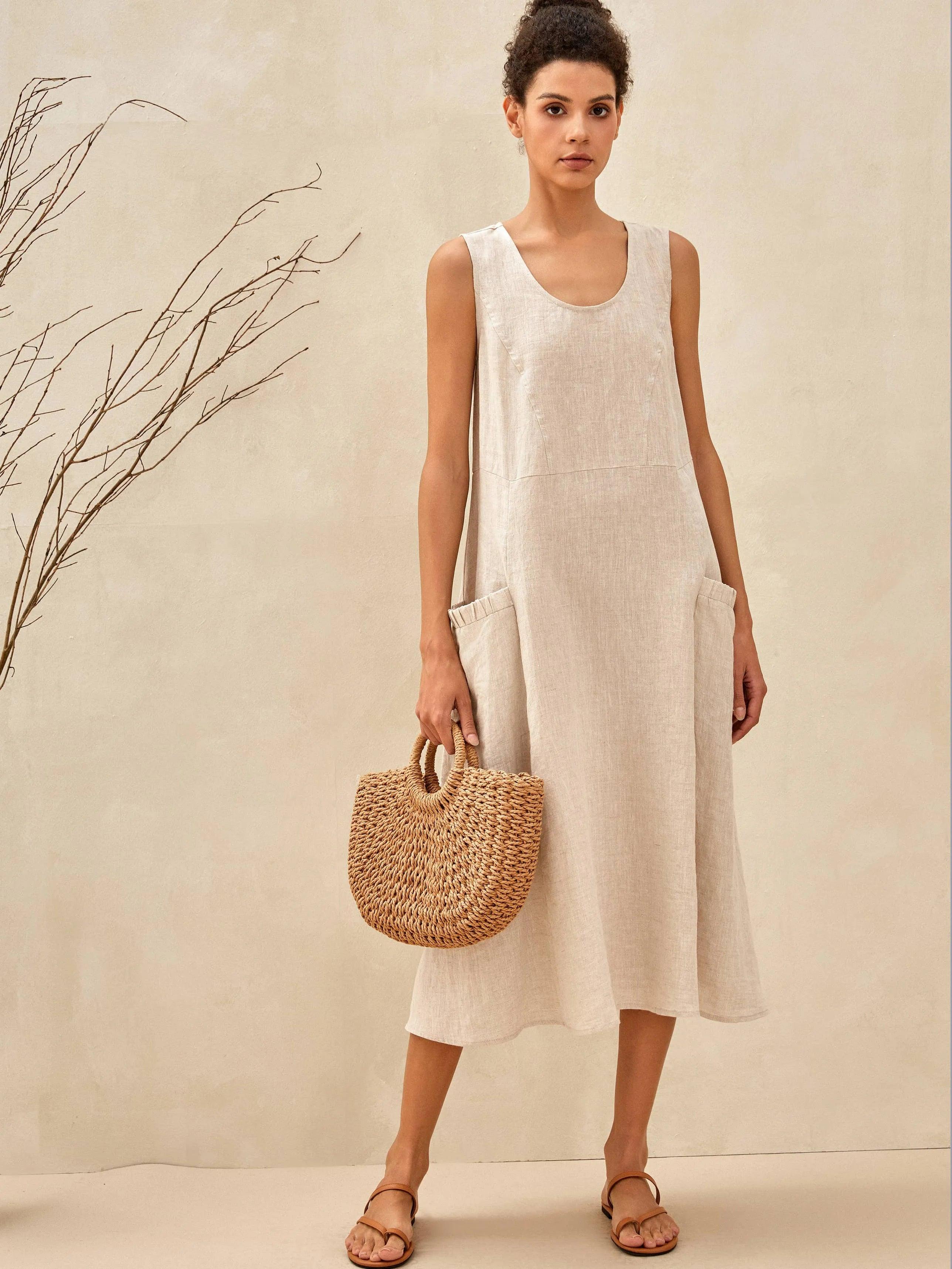 100% Linen Swing Beach Tank Dress GIANA - DRESSES-Linen Midi