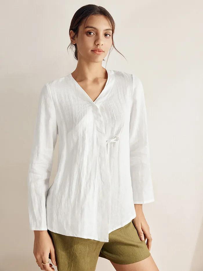 100% Linen Tie Cardigan Top DAKOTA - Optic White / S - TOPS-Linen Blouses