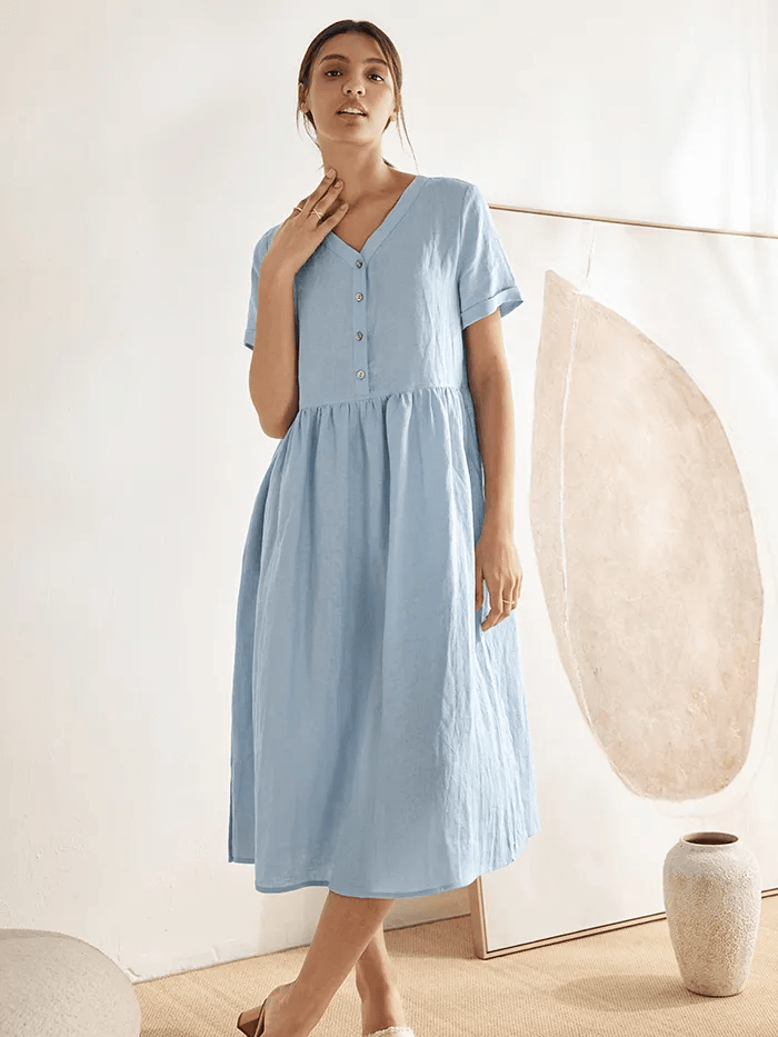 100% Linen V-Neck Gathered-Waist Dress - Baby Blue / S - DRESSES-Linen Midi