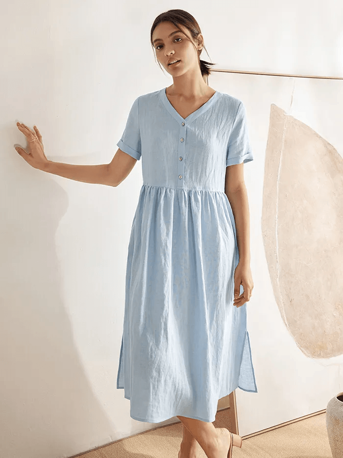 100% Linen V-Neck Gathered-Waist Dress - DRESSES-Linen Midi