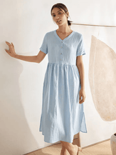 Robe midi 100 % lin à col V et taille froncée - ROBES-Midi en lin