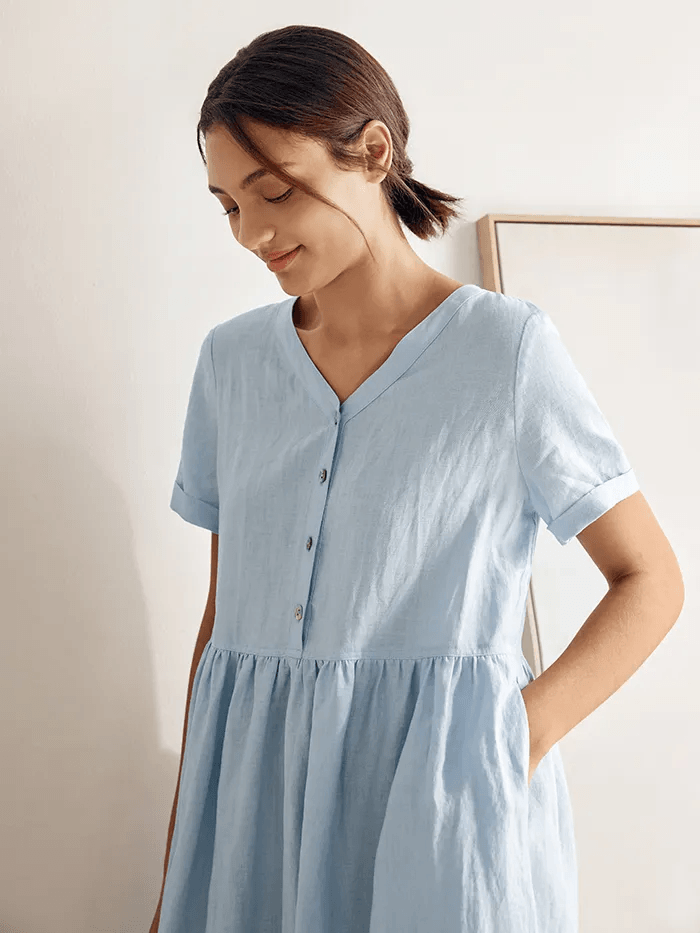 100% Linen V-Neck Gathered-Waist Dress - DRESSES-Linen Midi