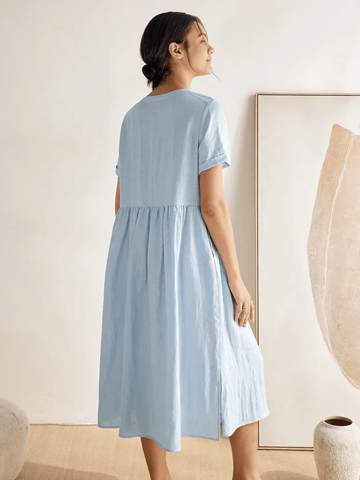 100% Linen V-Neck Gathered-Waist Dress - DRESSES-Linen Midi