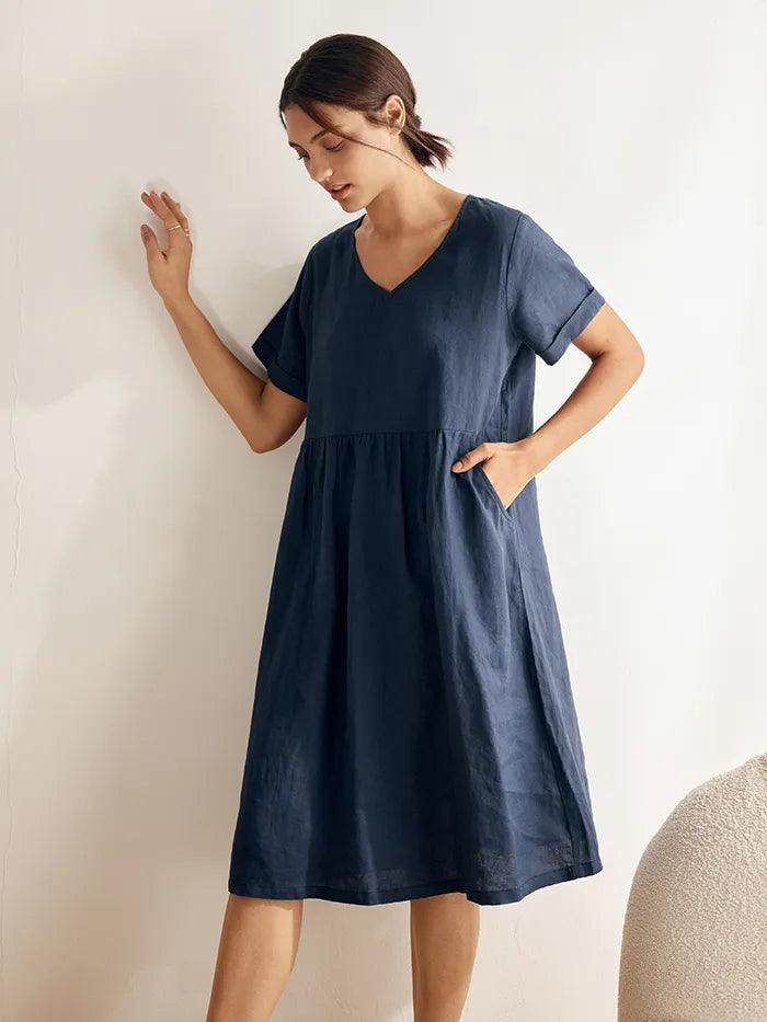 100% Linen V-Neck Waist Ruched Pocket Dress CHARLOTTE - Navy Blue / S - DRESSES-Linen Midi