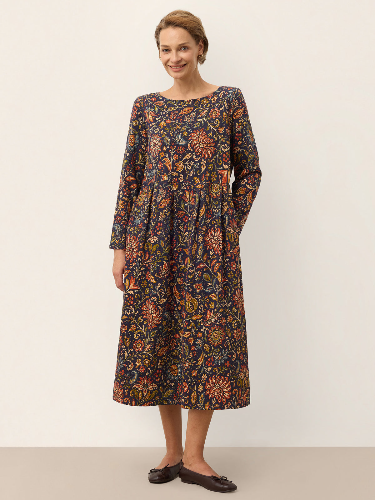100% Cotton Botanical Paisley Print Long Sleeve Midi Dress VIOLETTE