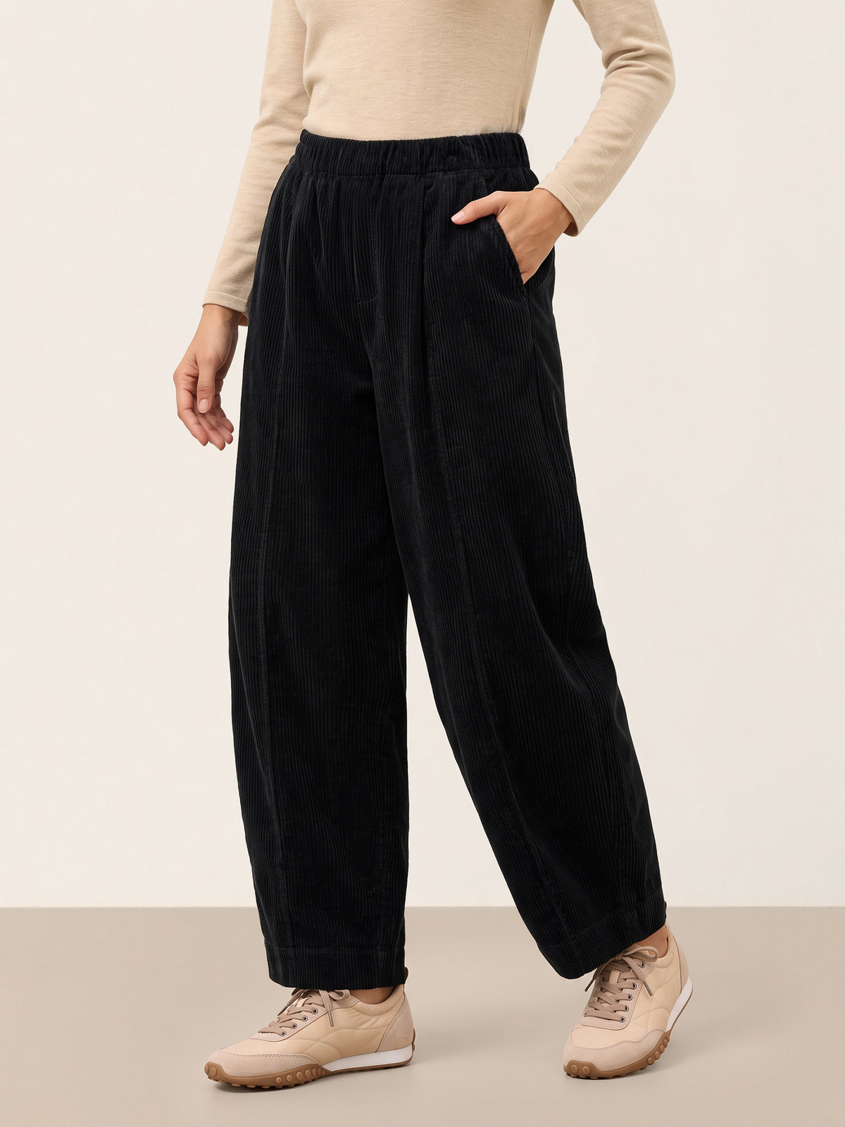 100% Cotton Corduroy Elastic Waist Curved Leg Pants ROMILLY