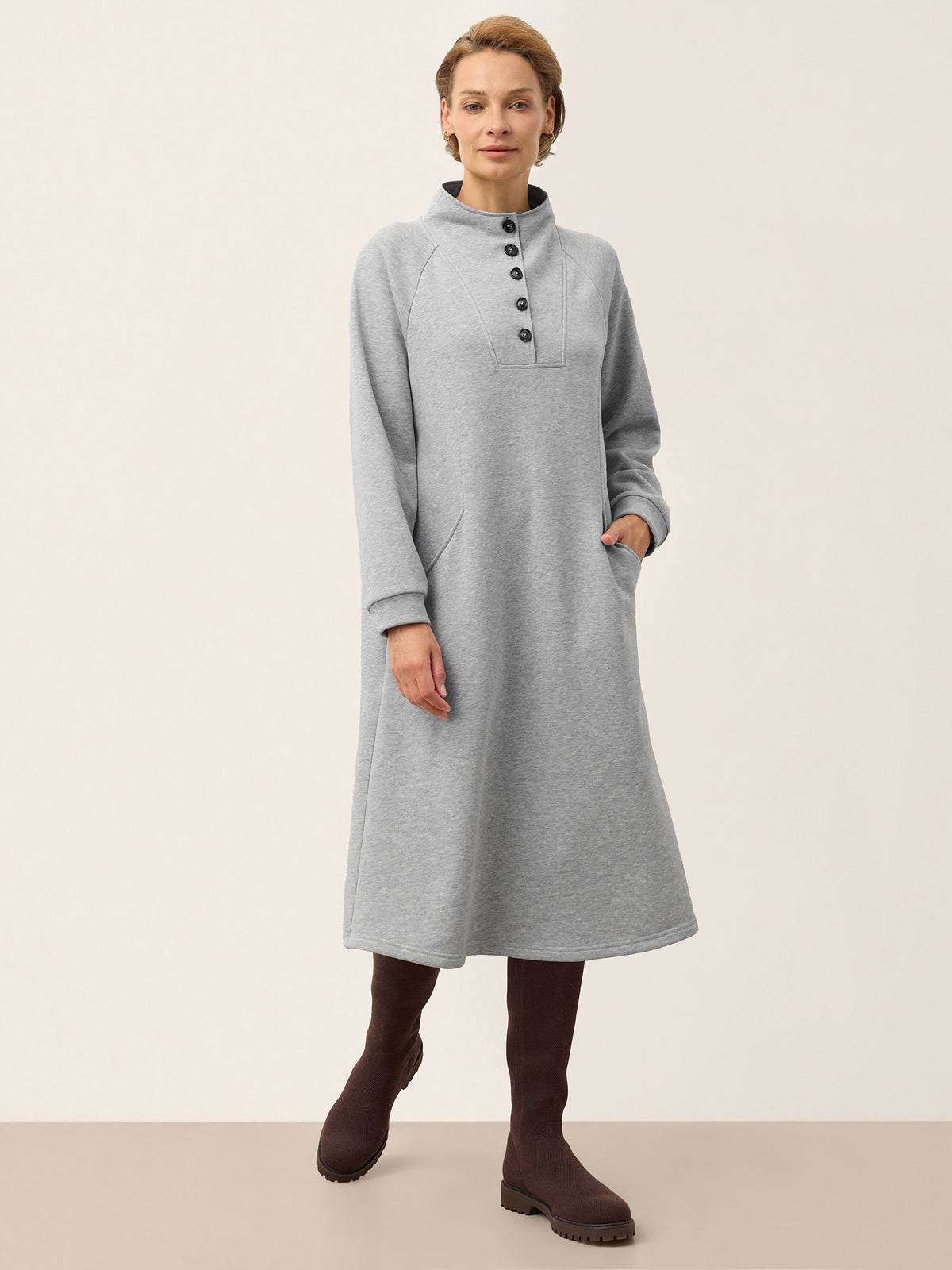 100% Cotton Stand Collar Button Front Midi Dress SASKIA