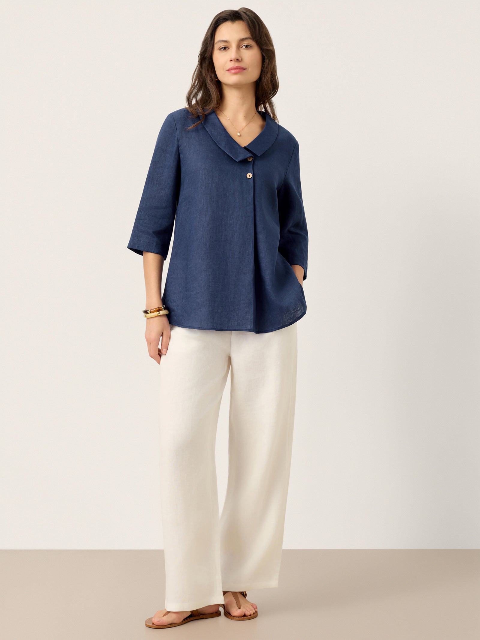 100% Linen Asymmetric Collar Inverted Pleat Top OTTILIE by LINTICO for women
