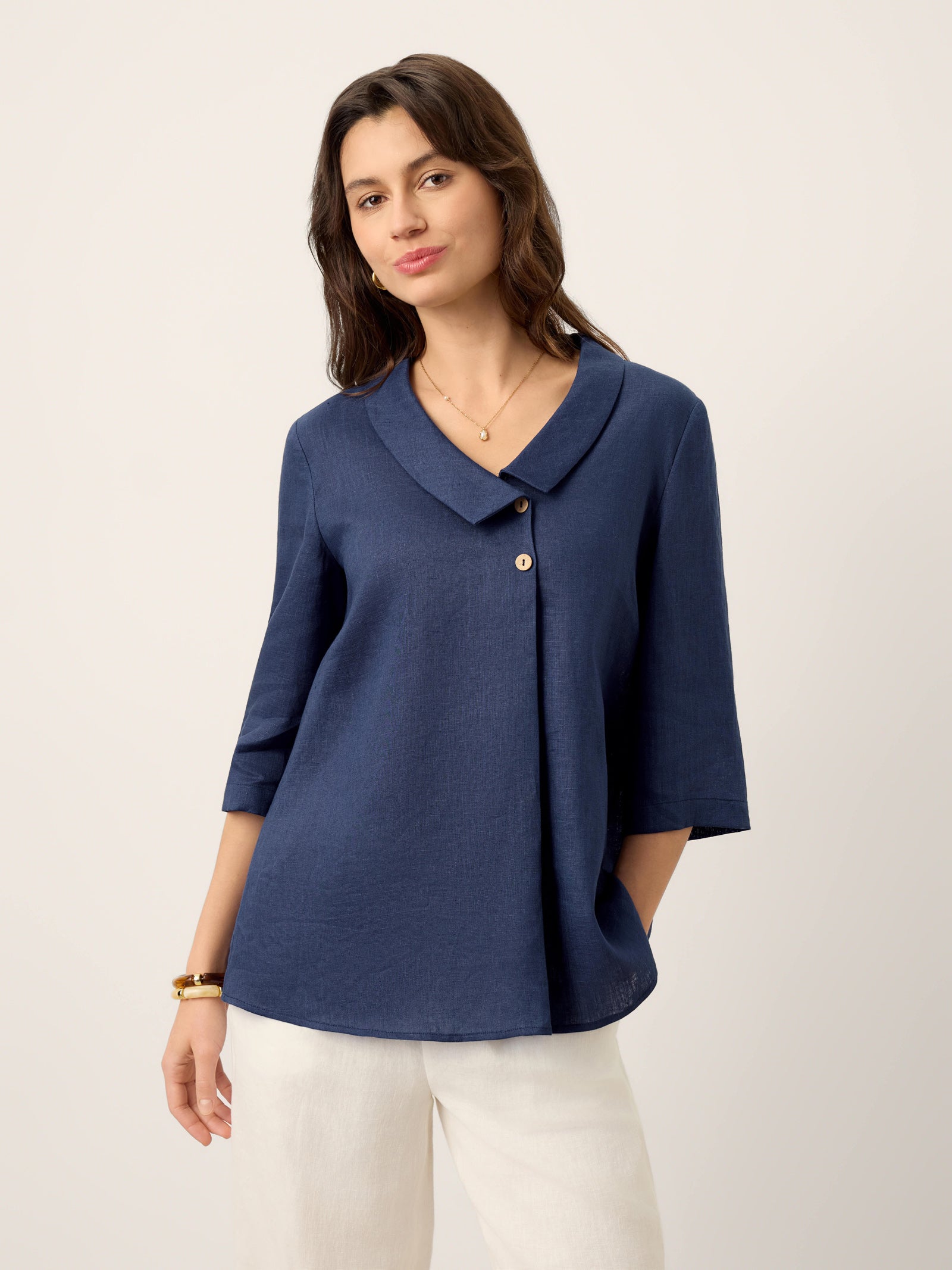100% Linen Asymmetric Collar Inverted Pleat Top OTTILIE by LINTICO for women