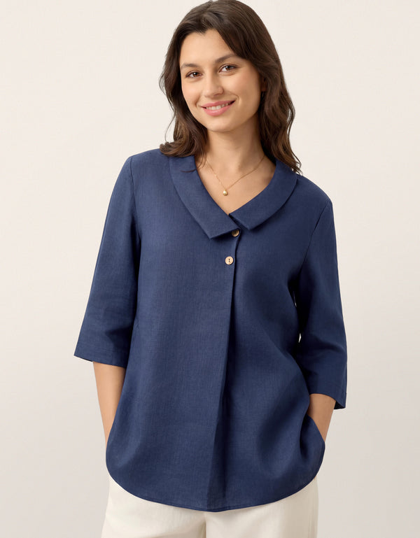 100% Linen Asymmetric Collar Inverted Pleat Top OTTILIE