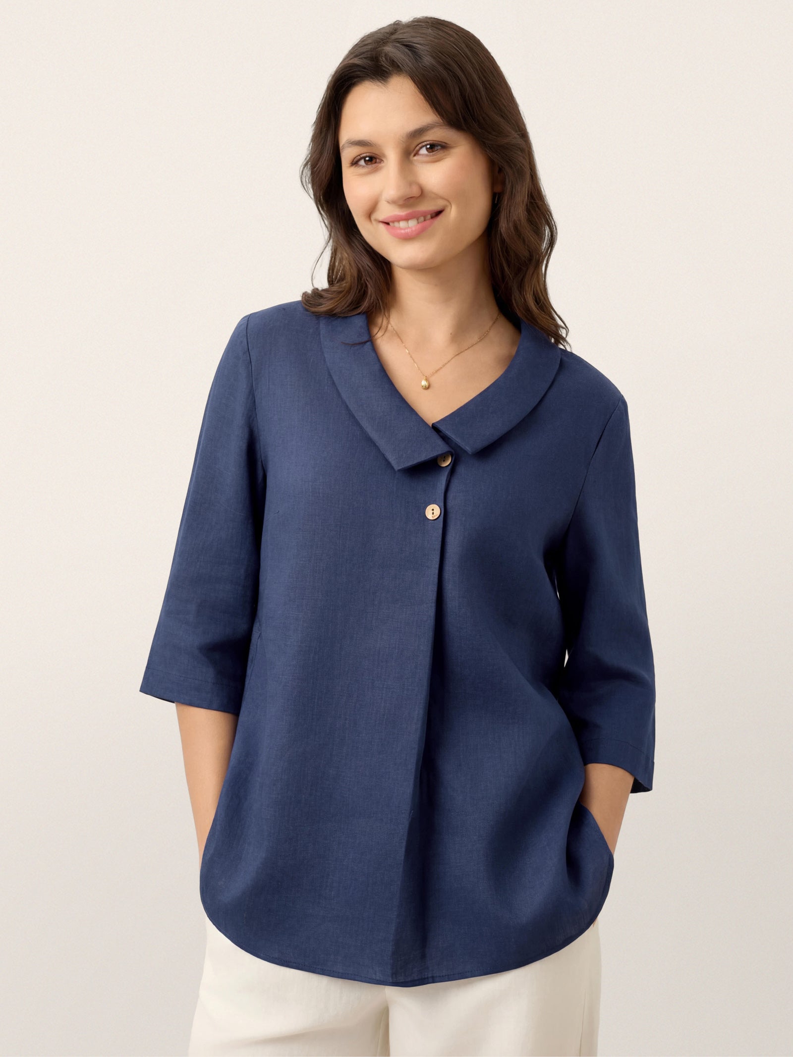 100% Linen Asymmetric Collar Inverted Pleat Top OTTILIE by LINTICO for women