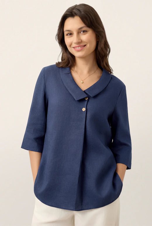 100% Linen Asymmetric Collar Inverted Pleat Top OTTILIE