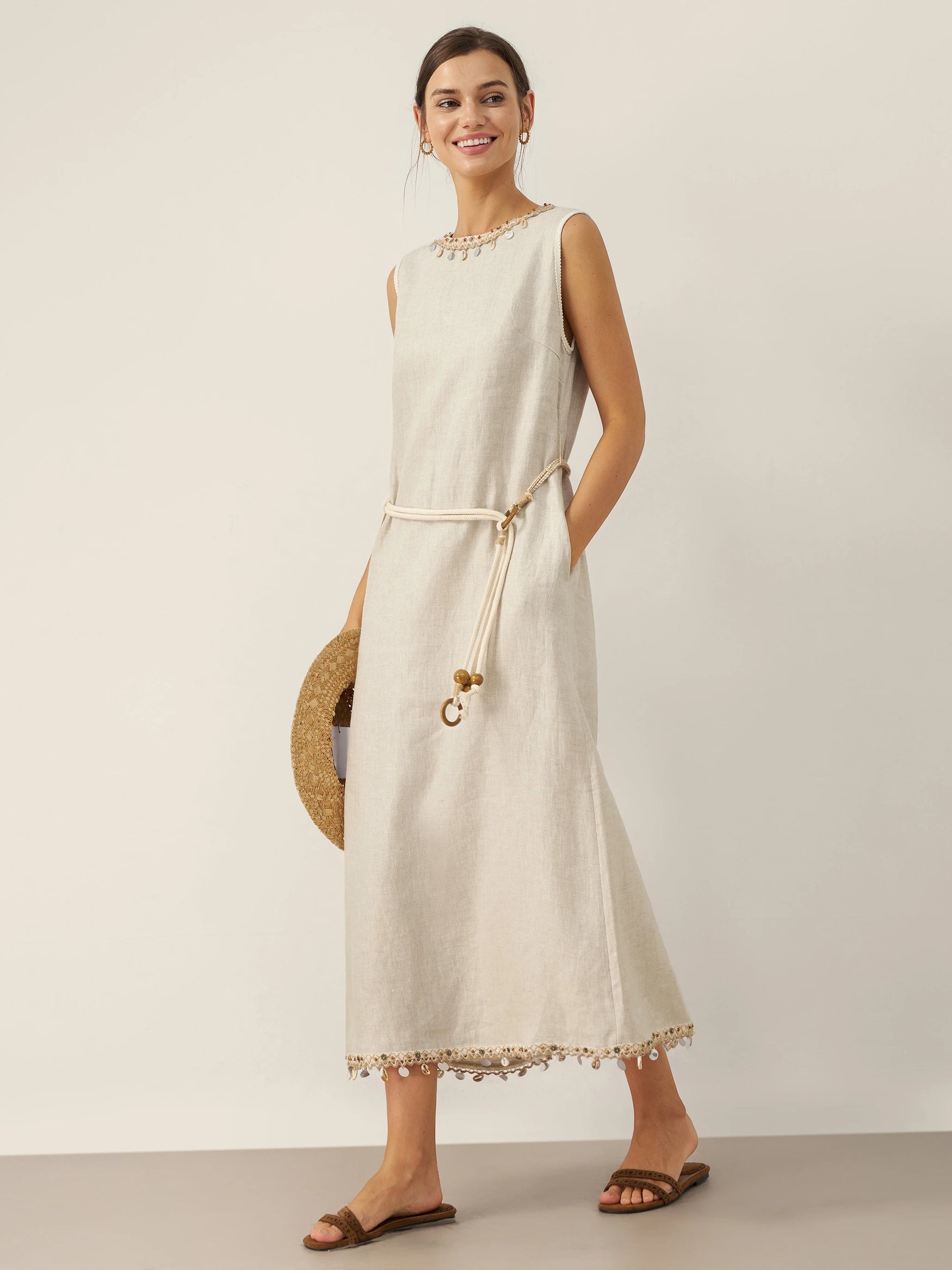 100% Linen Beaded Crew Neck Midi Dress with Belt BELLA by LINTICO for women