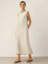 100% Linen Beaded Crew Neck Midi Dress with Belt BELLA by LINTICO for women
