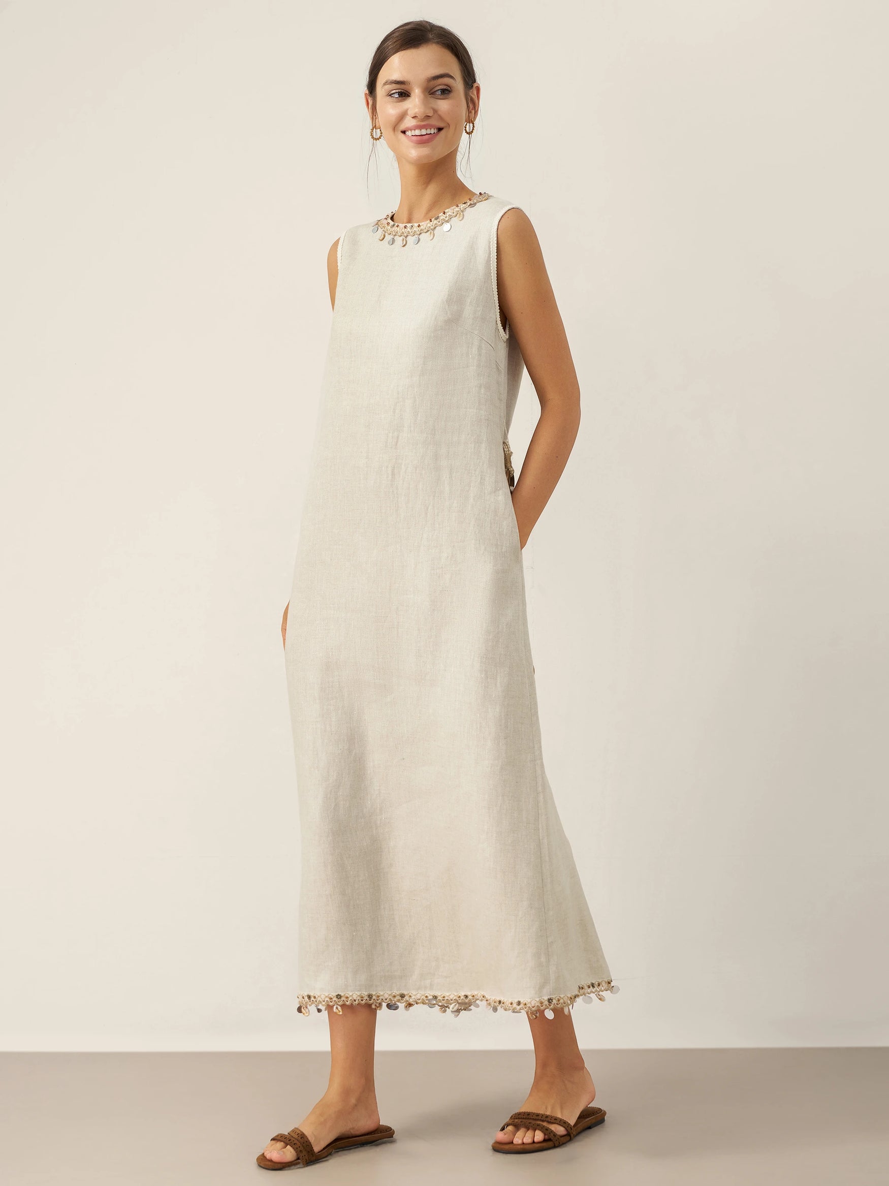 100% Linen Beaded Crew Neck Midi Dress with Belt BELLA by LINTICO for women