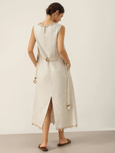 100% Linen Beaded Crew Neck Midi Dress with Belt BELLA by LINTICO for women