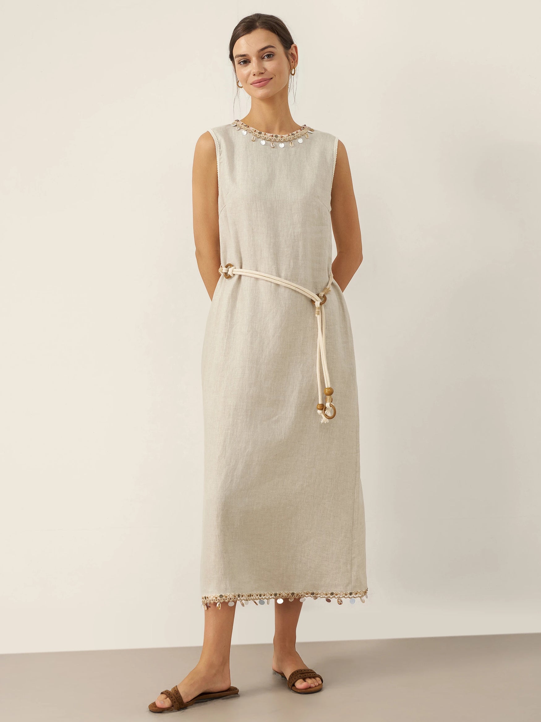100% Linen Beaded Crew Neck Midi Dress with Belt BELLA by LINTICO for women