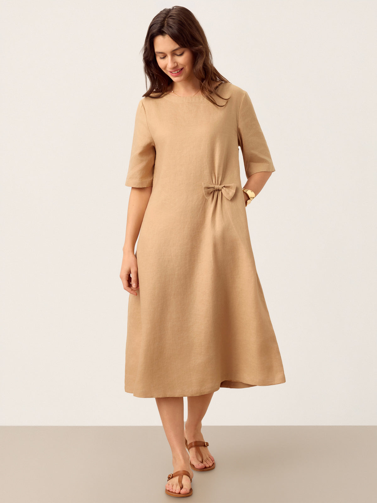 100% Linen Side-Gathered Bow Midi Dress ESMERALDA by LINTICO for women