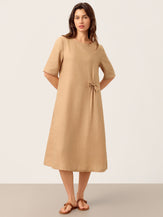 100% Linen Side-Gathered Bow Midi Dress ESMERALDA by LINTICO for women