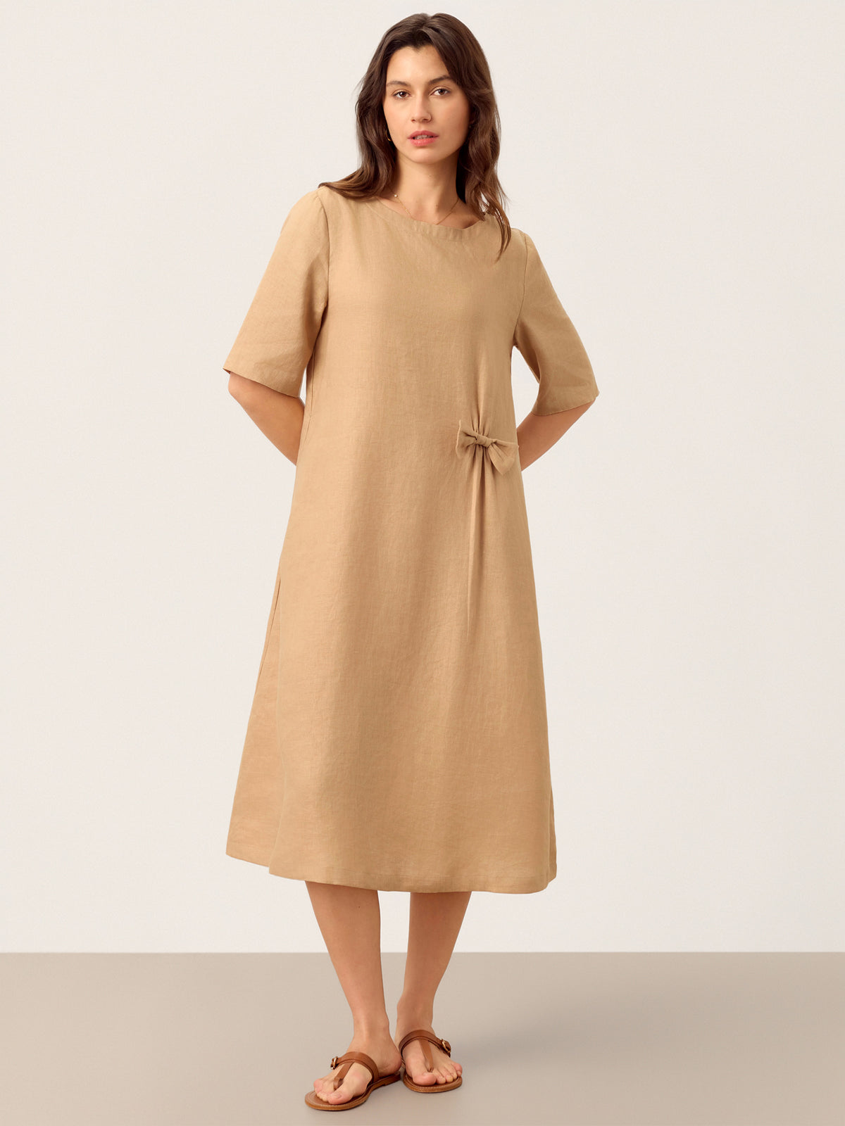 100% Linen Side-Gathered Bow Midi Dress ESMERALDA by LINTICO for women