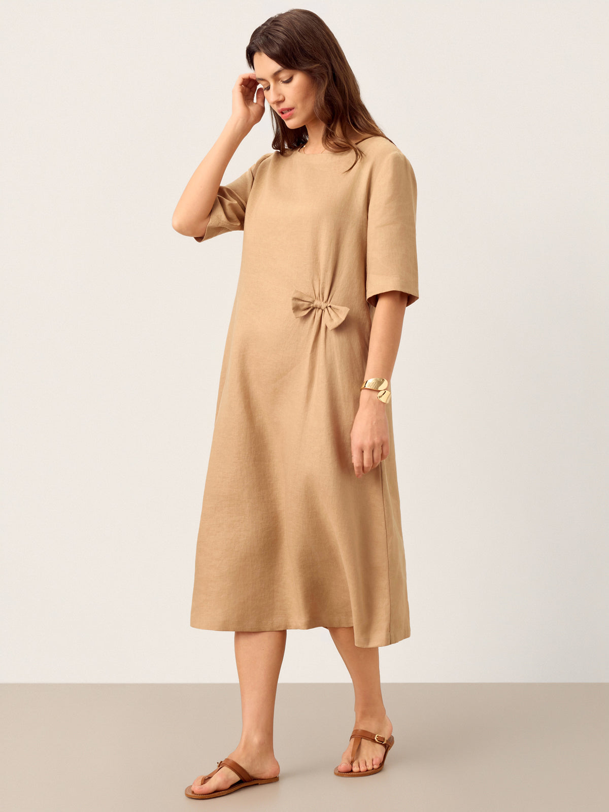 100% Linen Side-Gathered Bow Midi Dress ESMERALDA by LINTICO for women