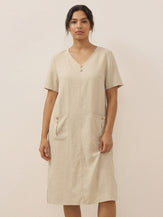 100% Linen Button Front V-Neck Midi Dress NOA by LINTICO for women
