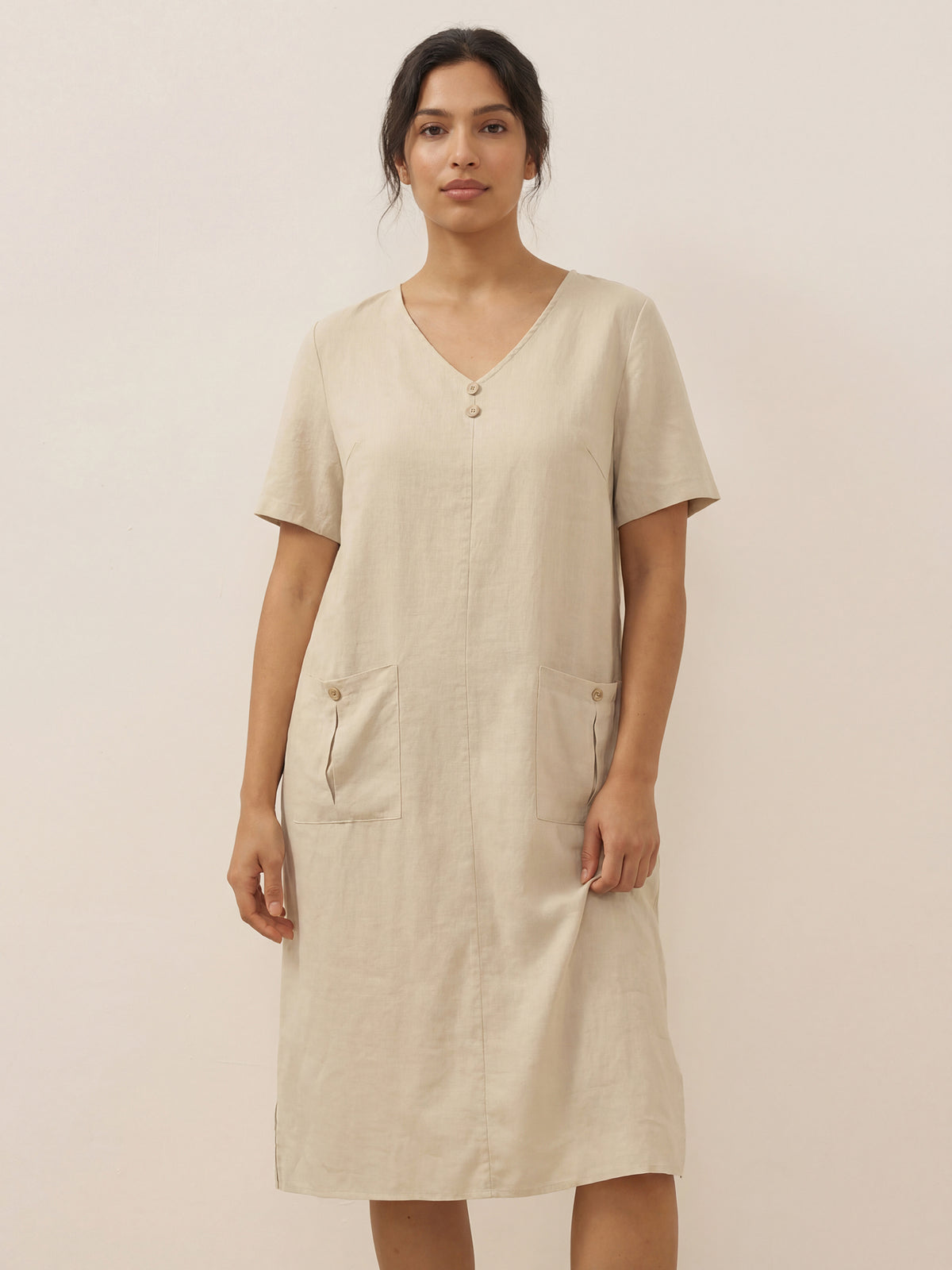100% Linen Button Front V-Neck Midi Dress NOA by LINTICO for women