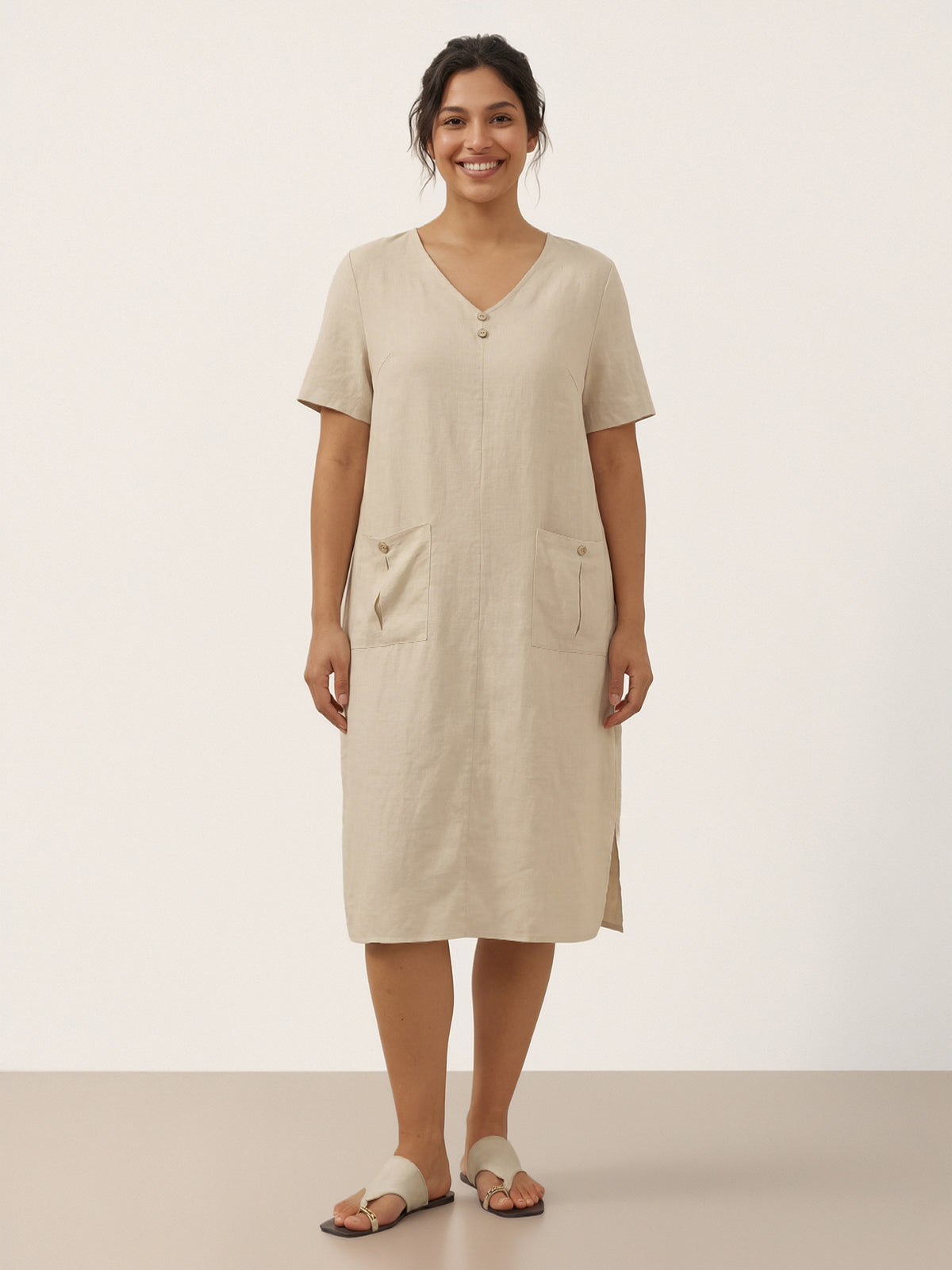 100% Linen Button Front V Neck Midi Dress NOA