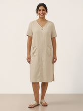 100% Linen Button Front V-Neck Midi Dress NOA by LINTICO for women