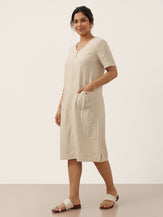 100% Linen Button Front V-Neck Midi Dress NOA by LINTICO for women