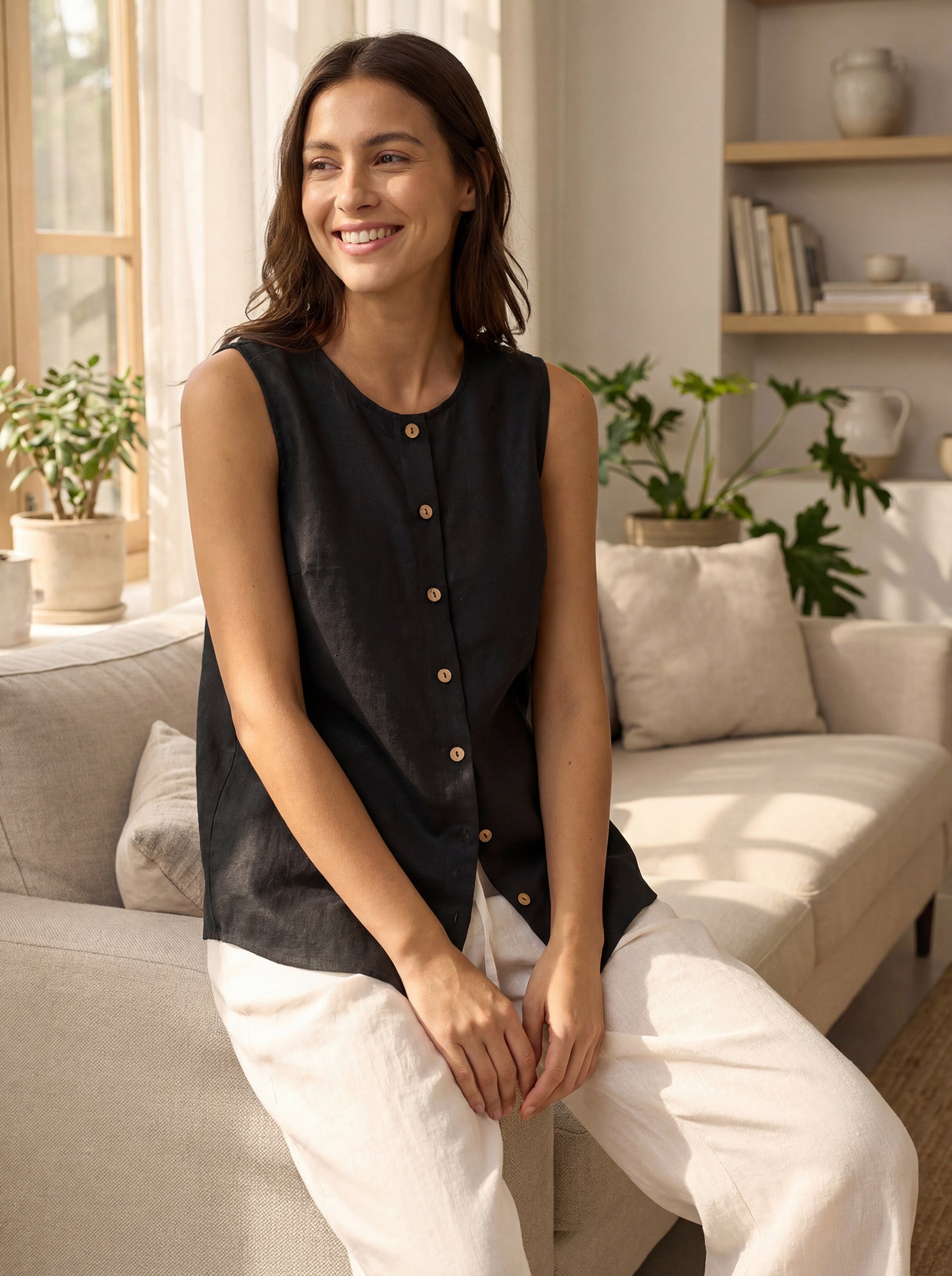 100% Linen Buttons Down Tank Top ERIN by LINTICO for women