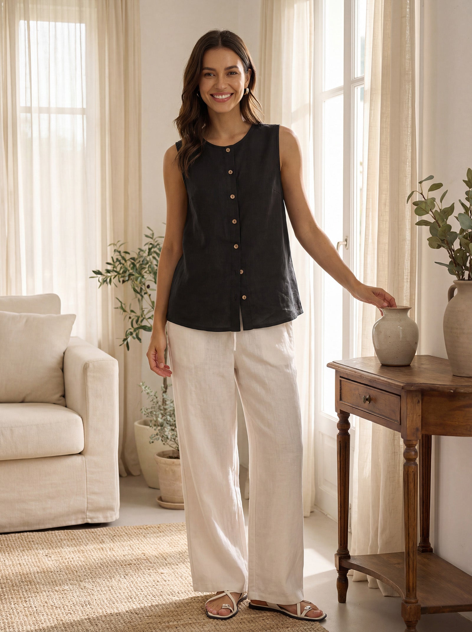 100% Linen Buttons Down Tank Top ERIN