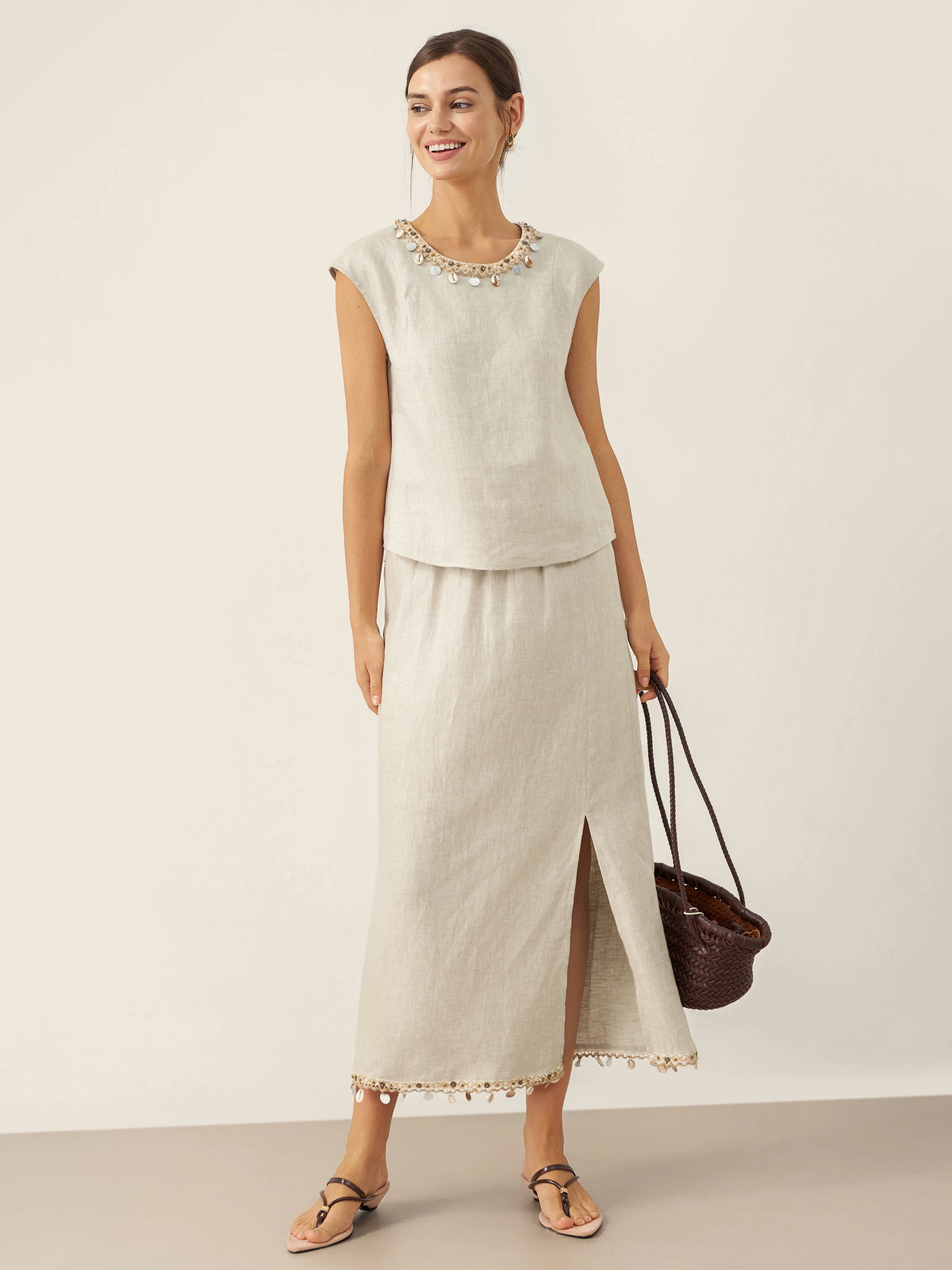 100% Linen Cap Sleeve Beaded Top BIANCA by LINTICO for women