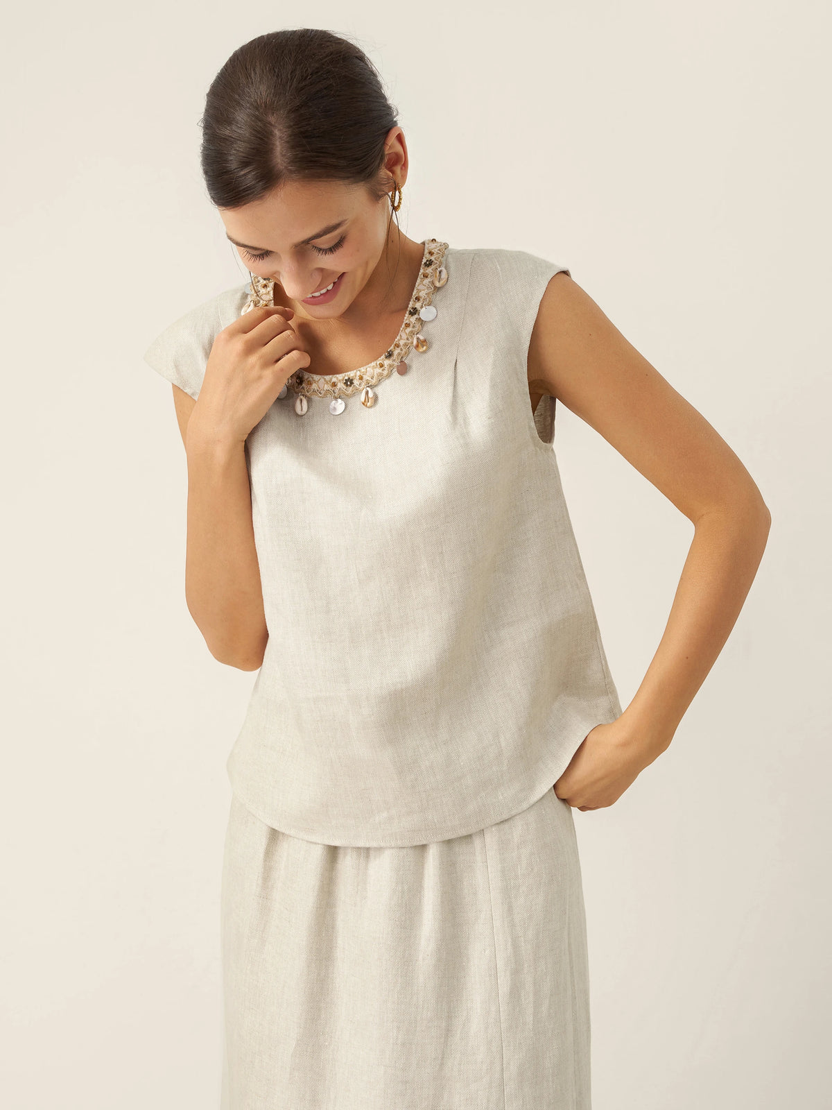 100% Linen Cap Sleeve Beaded Top BIANCA by LINTICO for women