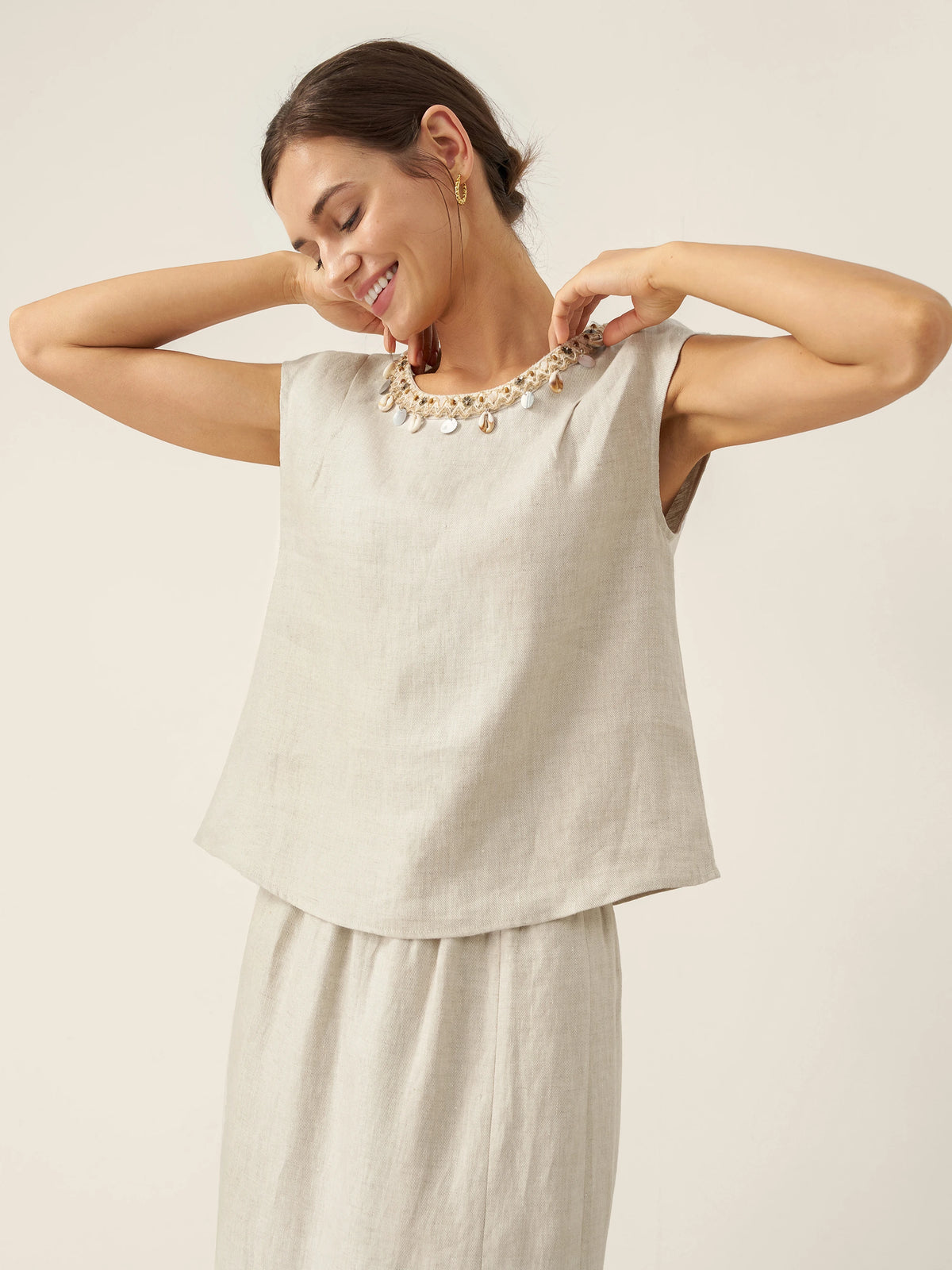 100% Linen Cap Sleeve Beaded Top BIANCA by LINTICO for women