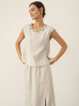 100% Linen Cap Sleeve Beaded Top BIANCA by LINTICO for women