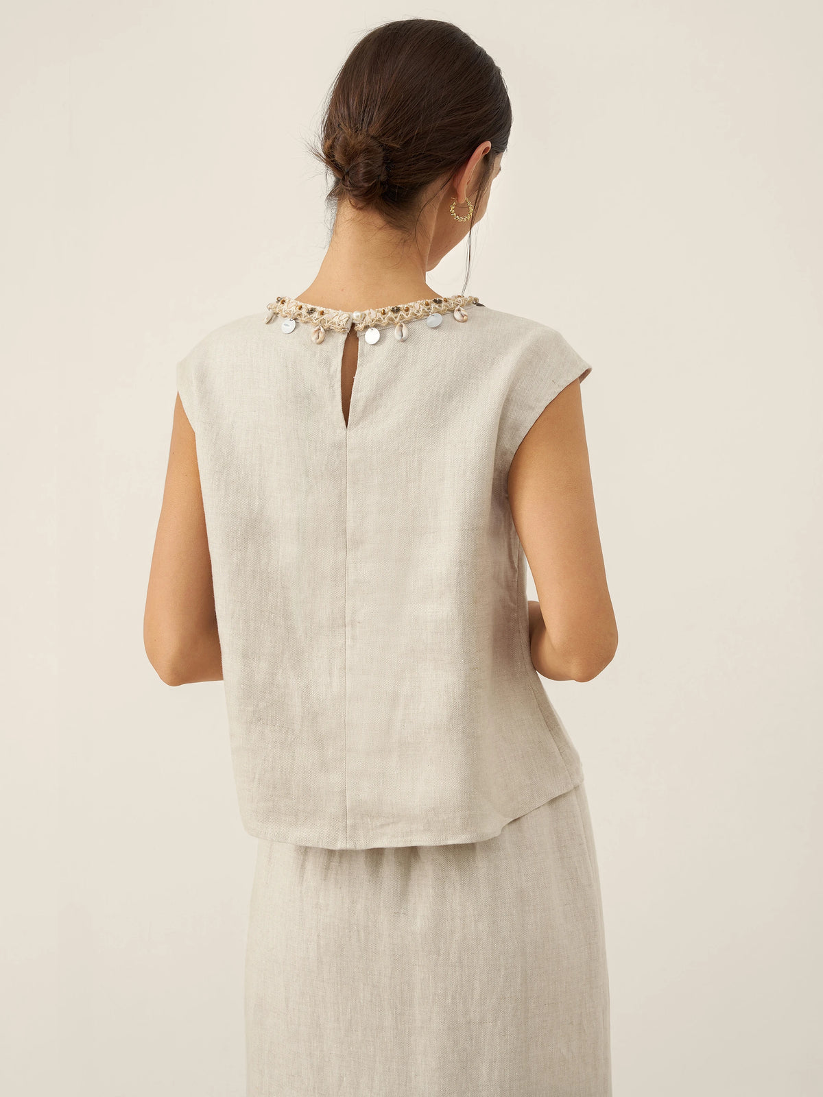 100% Linen Cap Sleeve Beaded Top BIANCA by LINTICO for women