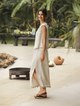 100% Linen Elastic Waist Beaded Skirt BIAN by LINTICO for women