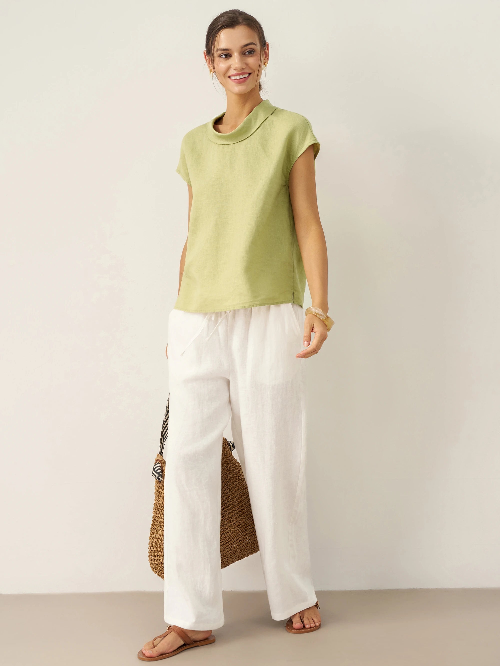 100% Linen Cap Sleeve Soft-Fold Collar Top