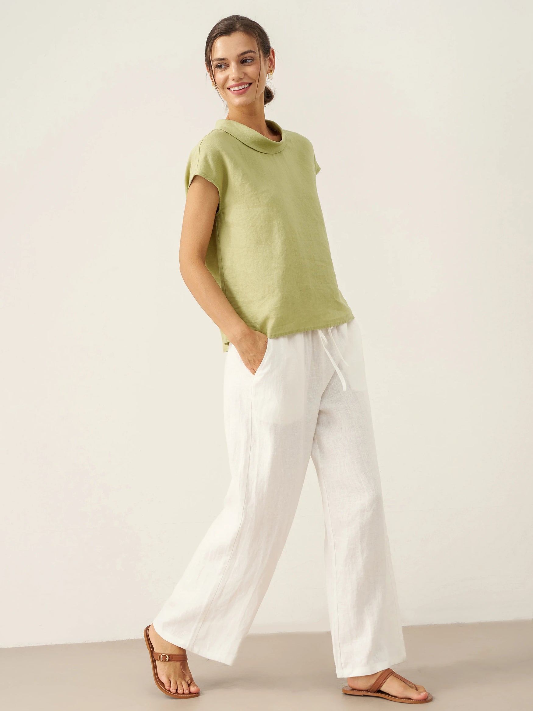 100% Linen Cap Sleeve Soft-Fold Collar Top YVONNE by LINTICO for women
