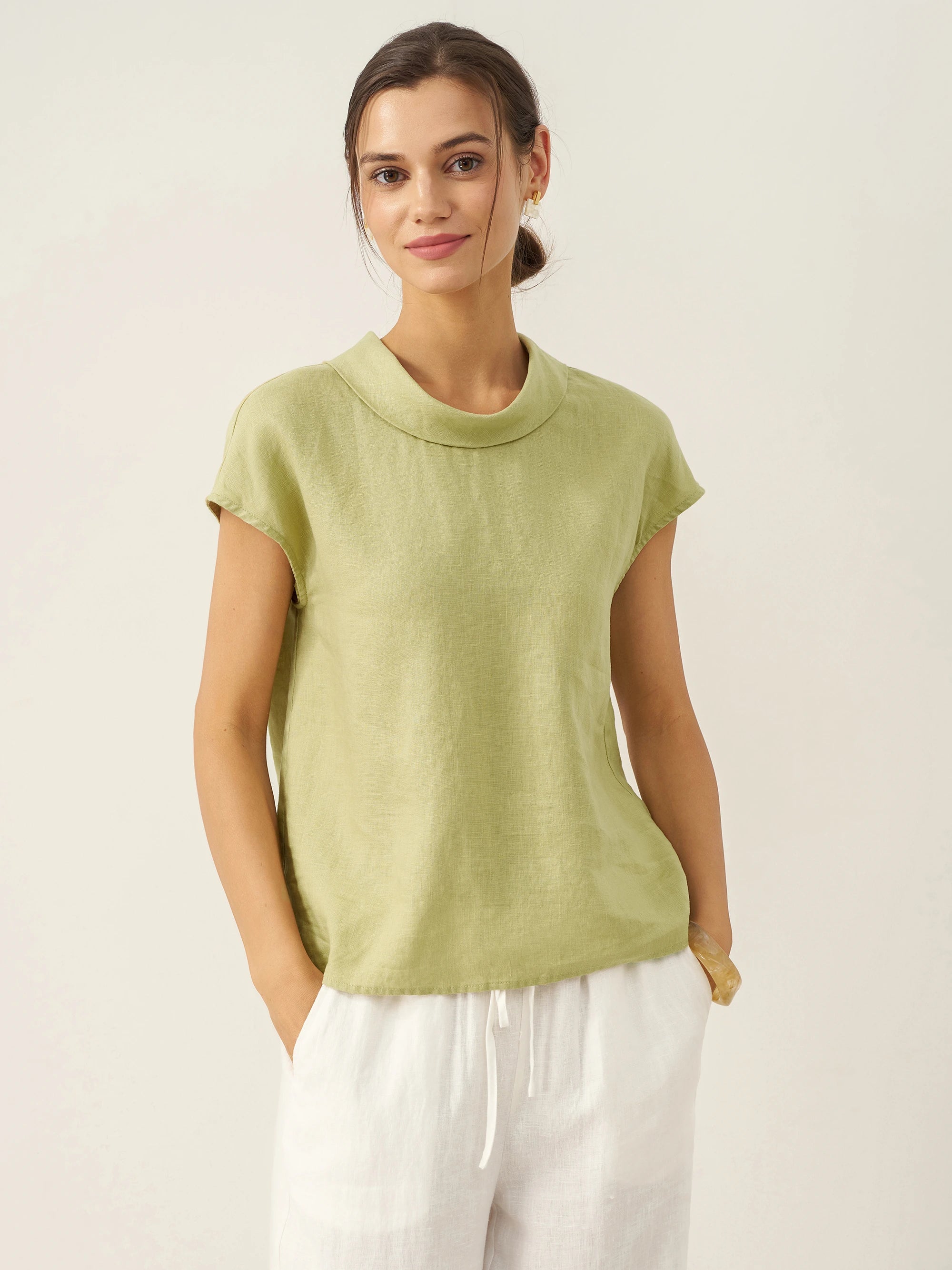 100% Linen Cap Sleeve Soft-Fold Collar Top